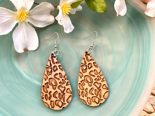 Leopard Print Teardrop Wood Earrings