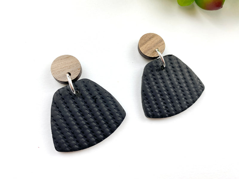 Black Geometric Clay and Wood Earring with Sweater Pattern