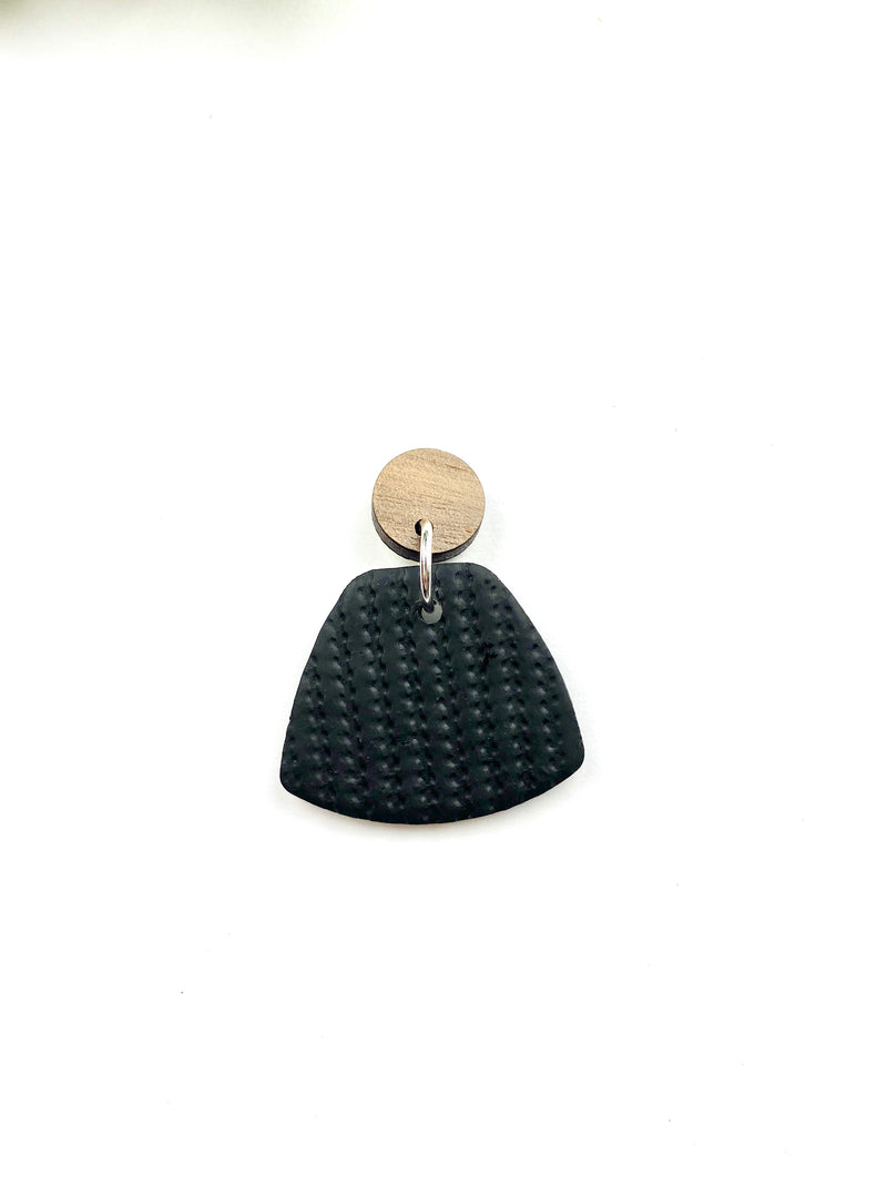 Black Geometric Clay and Wood Earring with Sweater Pattern