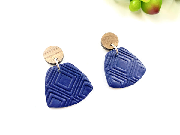 Blue Geometric Clay and Wood Earring with Square Pattern
