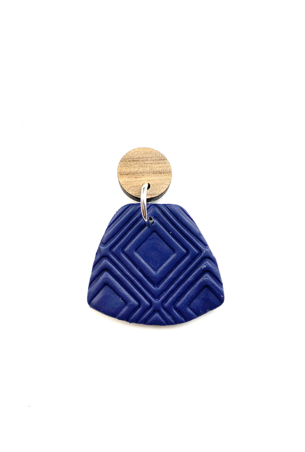 Blue Geometric Clay and Wood Earring with Square Pattern