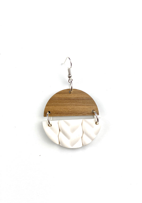 Sweater Pattern White Clay and Wood Circle Earrings