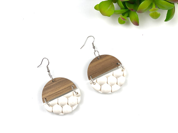 Bubble White Clay and Wood Circle Earrings
