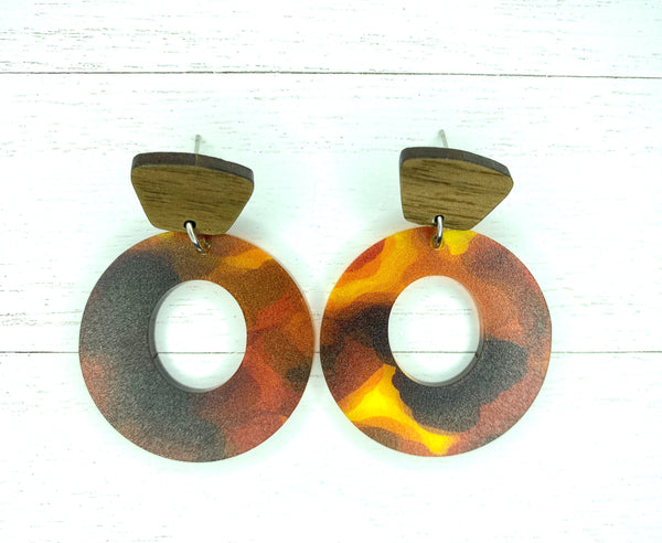Acrylic Tortoise Shell Circle Cut Out Earring with Walnut Post