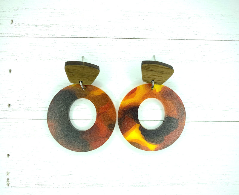 Acrylic Tortoise Shell Circle Cut Out Earring with Walnut Post