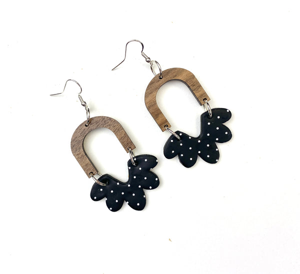 Black and White Polk a Dot Flower Petal Clay and Wood Earring with Walnut Arch