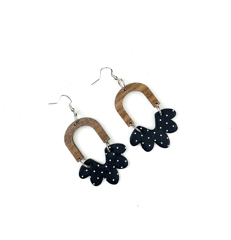 Black and White Polk a Dot Flower Petal Clay and Wood Earring with Walnut Arch