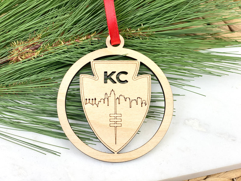 Kansas City Football and Skyline Wood Ornament