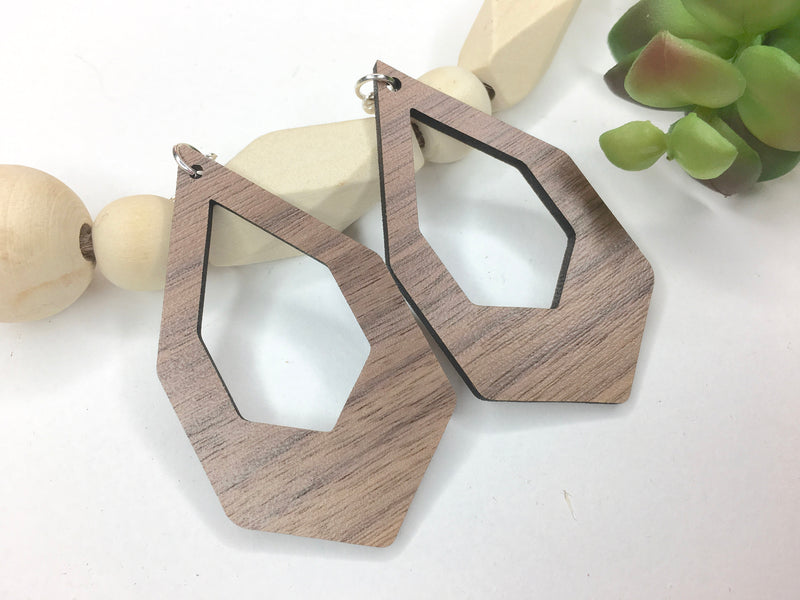 Large Geometric Drop Earrings Dangle Wooden Earrings Birthday Gift Idea Walnut Earrings