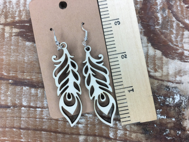 Peacock Earrings, Lightweight Wood Feather Jewelry, Dangle Wood Earrings, Gift for Teacher