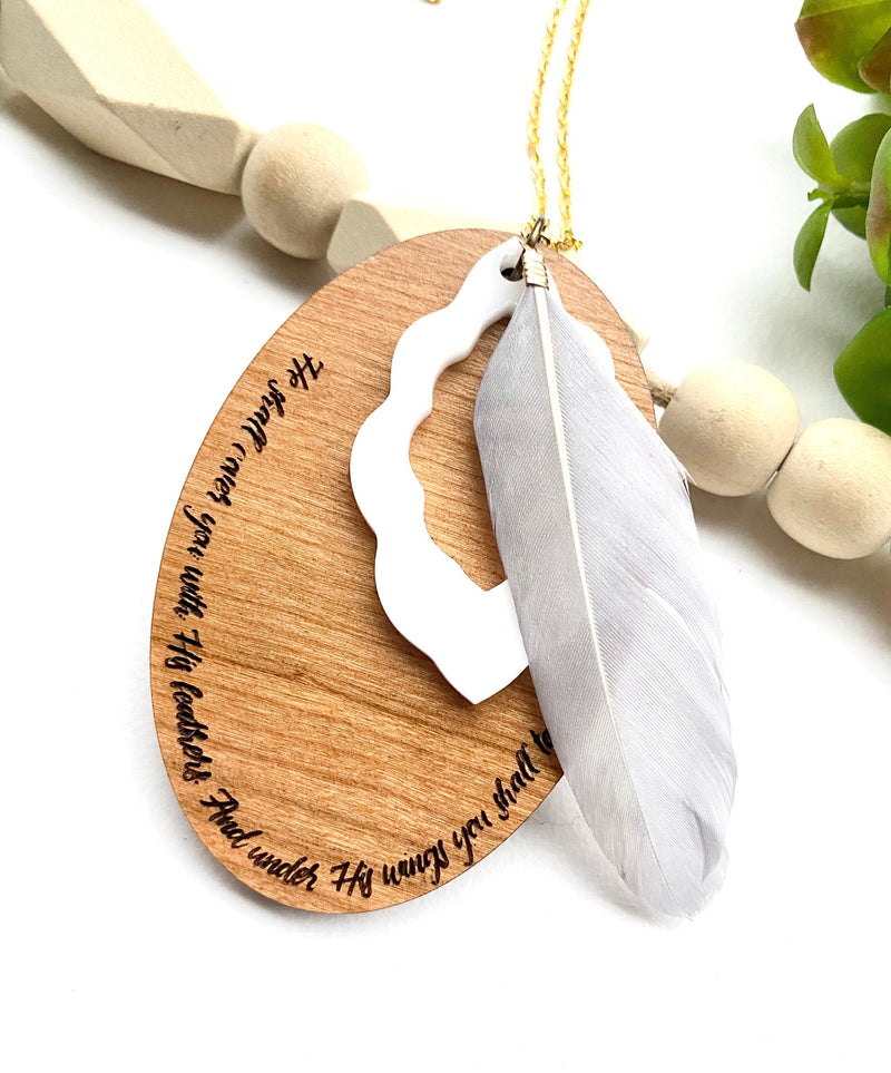 Psalm 91 Necklace, Wood Feather Pendant, Long Necklace, Oval Pendant, Bible Verse Jewelry, Wing Necklace