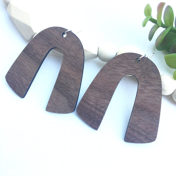 Horseshoe Dangle Wooden Earrings in Walnut, Trendy Lightweight Earrings, Gift for Sister