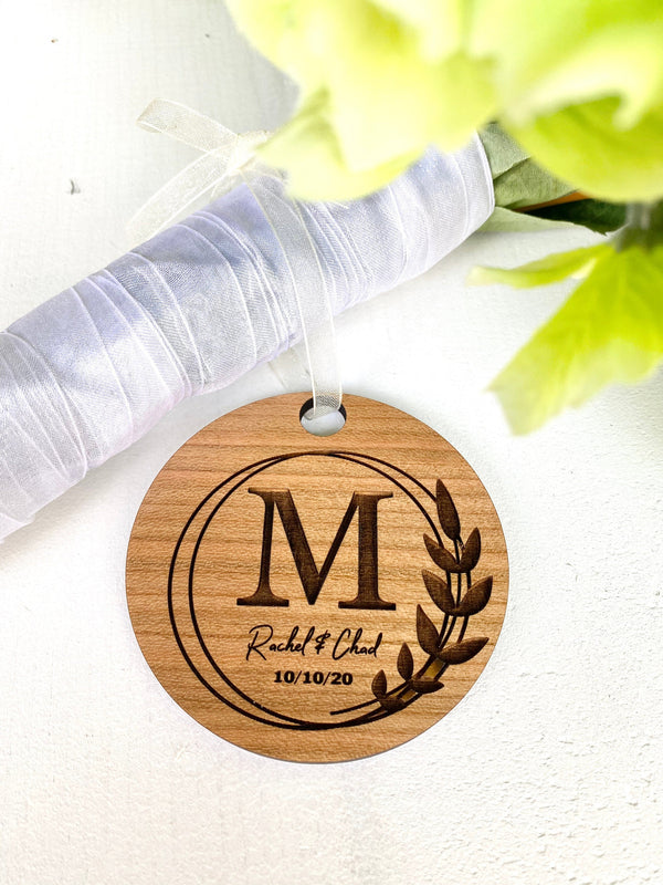 Wedding Bouquet Charm, Boho Wedding Bouquet, Monogram Tag, Monogram Ornament, Wedding Flowers, Wood Monogram