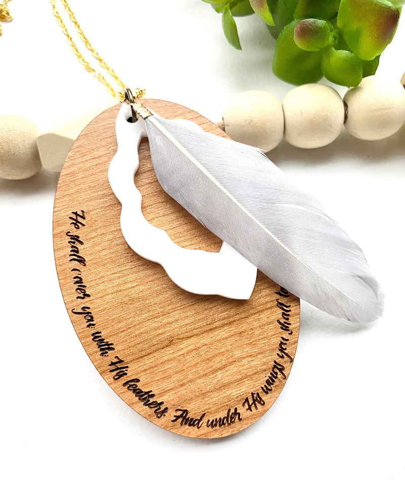 Psalm 91 Necklace, Wood Feather Pendant, Long Necklace, Oval Pendant, Bible Verse Jewelry, Wing Necklace