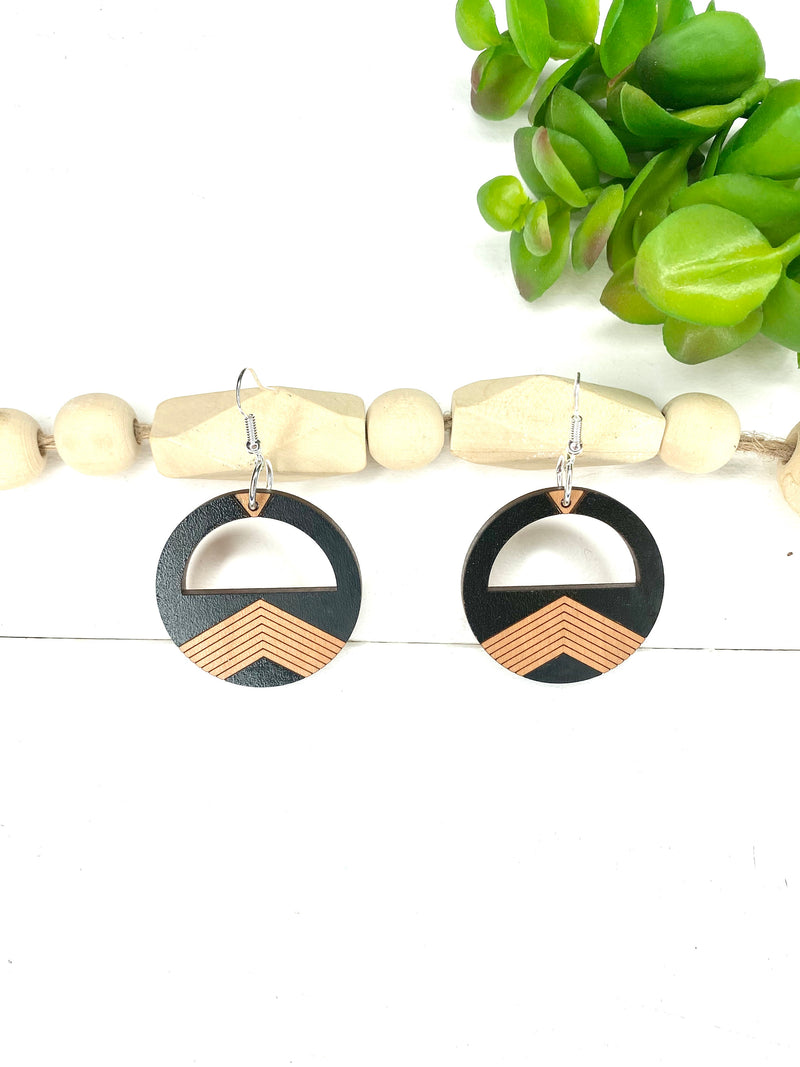 Black and Brown Circle Earring Wood Dangle Drop Earring Boho Inspired Jewelry Date Night Earrings Architectural Jewelry