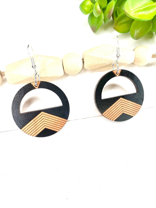 Black and Brown Circle Earring Wood Dangle Drop Earring Boho Inspired Jewelry Date Night Earrings Architectural Jewelry