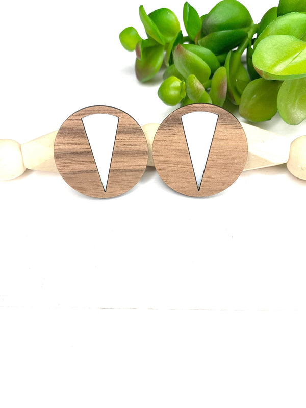 Brown and White Circle Triangle Post Earring Wood Stud Earrings Boho Inspired Jewelry Date Night Earrings Architectural Jewelry