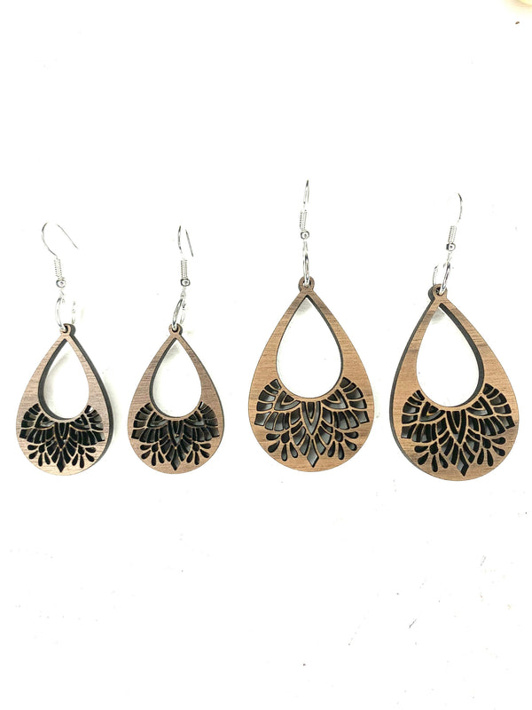 Teardrop Mandala Earrings Wood Dangle Drop Earring Small Teardrop Cut Out Boho Inspired Jewelry Date Night Earrings