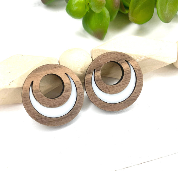 Brown and White Circle Post Earring Wood Stud Earrings Boho Inspired Jewelry Date Night Earrings Architectural Jewelry