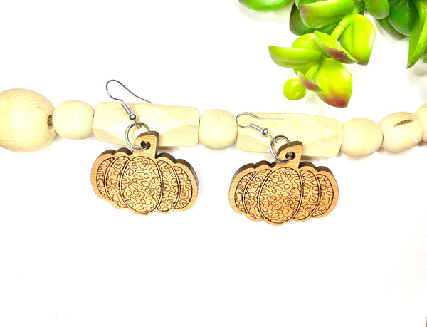 Fall Drop Earrings, Leopard Pumpkin Dangle, Wood Earring Designs, Autumn Earring, Animal Print Pumpkin