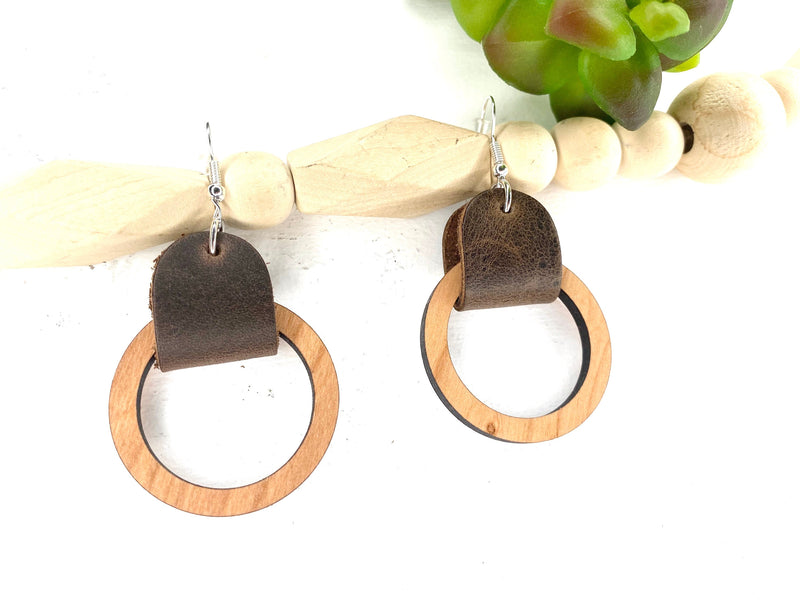 Leather and Wood Dangle Earring Boho Earring Circle Cut Out Drop Earring Round Leather Earring Christmas Gift for Teacher Large and Small