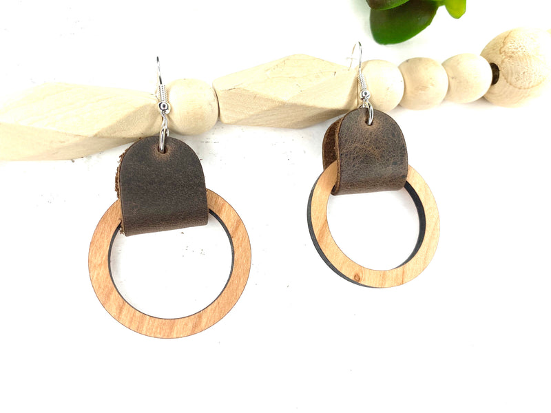 Leather and Wood Dangle Earring Boho Earring Circle Cut Out Drop Earring Round Leather Earring Christmas Gift for Teacher Large and Small