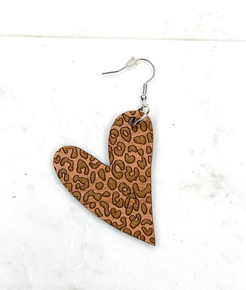Leopard Heart Earring, Dangle Heart Wood Earrings, Big Earrings, Animal Print, Cheetah Earrings
