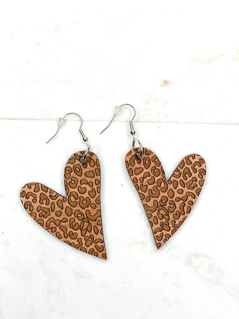 Leopard Heart Earring, Dangle Heart Wood Earrings, Big Earrings, Animal Print, Cheetah Earrings